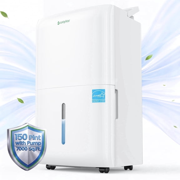 Waykar 7000 Sq. Ft. 150 Pint Dehumidifier with Built-in Pump for Home, No Daily Tank Emptying, Dehumidifier with Continuous Drain for Room & Basement, Auto Defrost, 50 Pint DOE Energy Star