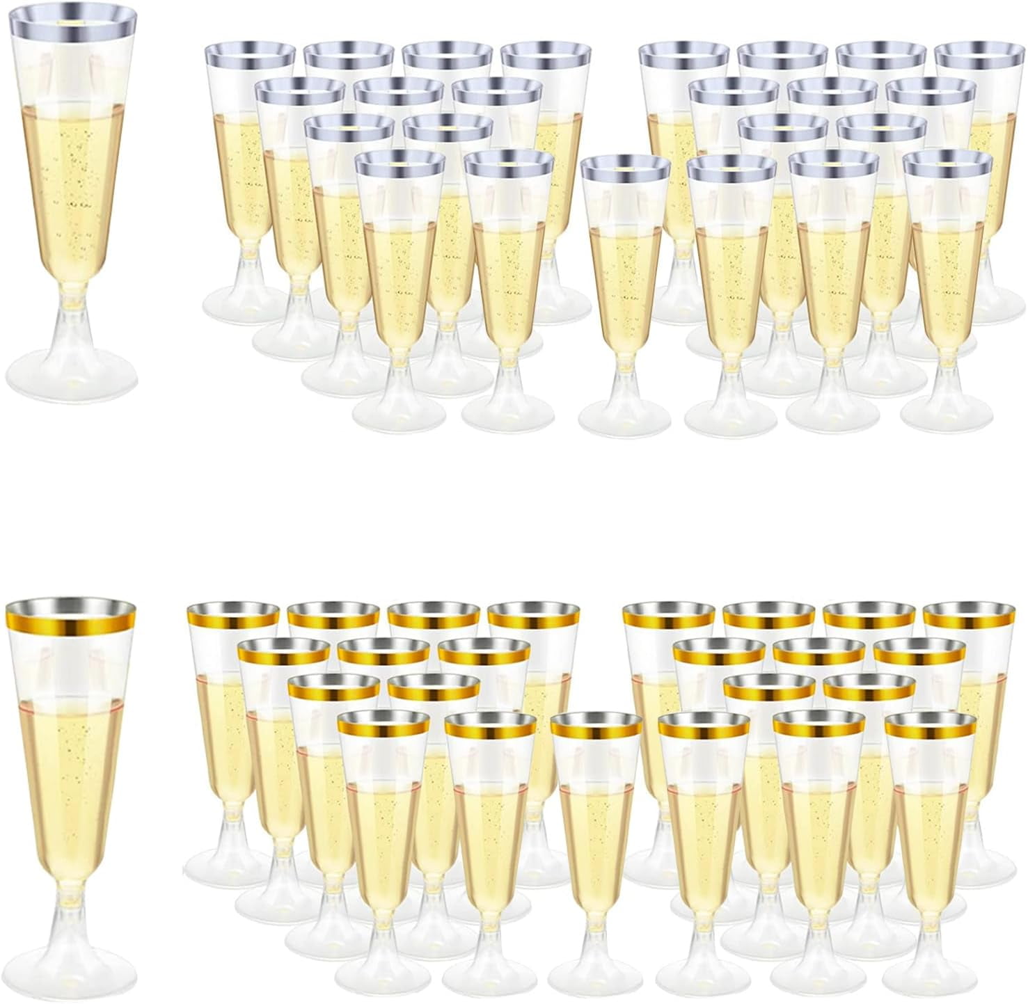 50 Plastic Champagne Flutes, 5 Oz Champagne Glasses, Reusable Clear Plastic Wine Glasses Mimosa Glasses Toasting Glasses for Party \u0026 Wedding \u0026 Birthdays (\u0026Silver)