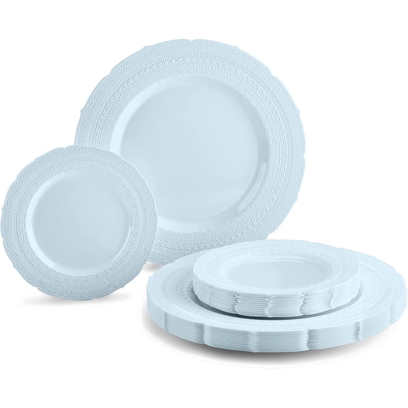 50 Plates Pack (25 Guests)-Extra Heavyweight Vintage Wedding Disposable/Reusable Plastic Plates -25x11'' Dinner + 25x8.25'' Salad/dessert (Chateau Collection Blue)
