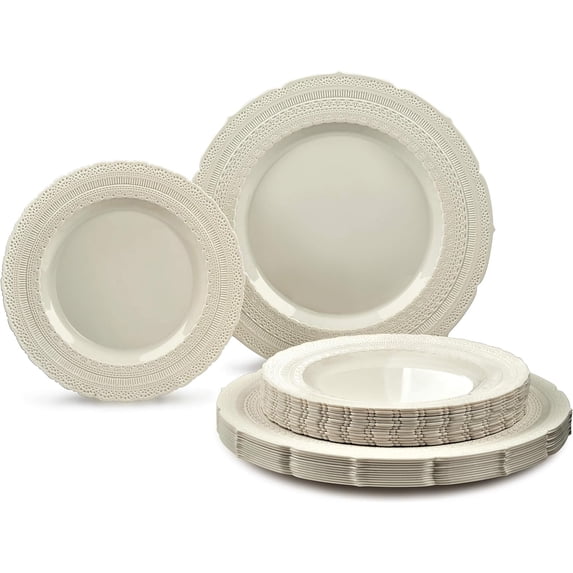 50 Plates Pack (25 Guests)-Extra Heavyweight Vintage Wedding Disposable/Reusable Plastic Plates -25 x 11'' Dinner + 25 x 8.25'' Salad/dessert (Chateau Collection Ivory)