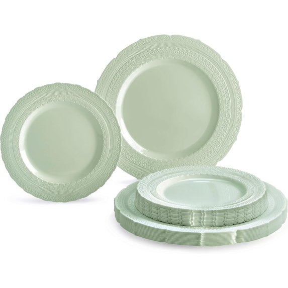 50 Plates Pack (25 Guests)-Extra Heavyweight Vintage Wedding Disposable/Reusable Plastic Plates -25x11'' Dinner + 25x8.25'' Salad/dessert (Chateau Mint)