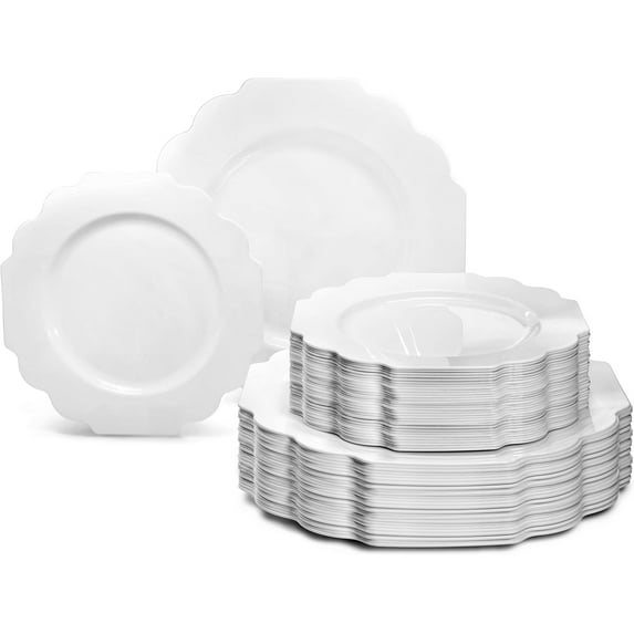 50 Plates Pack (25 Guests)-Heavyweight Wedding Party Disposable Plastic Plate Set -(25x10.5'' Dinner + 25x8'' Salad/dessert (Imperial in White/Blue & Gold)