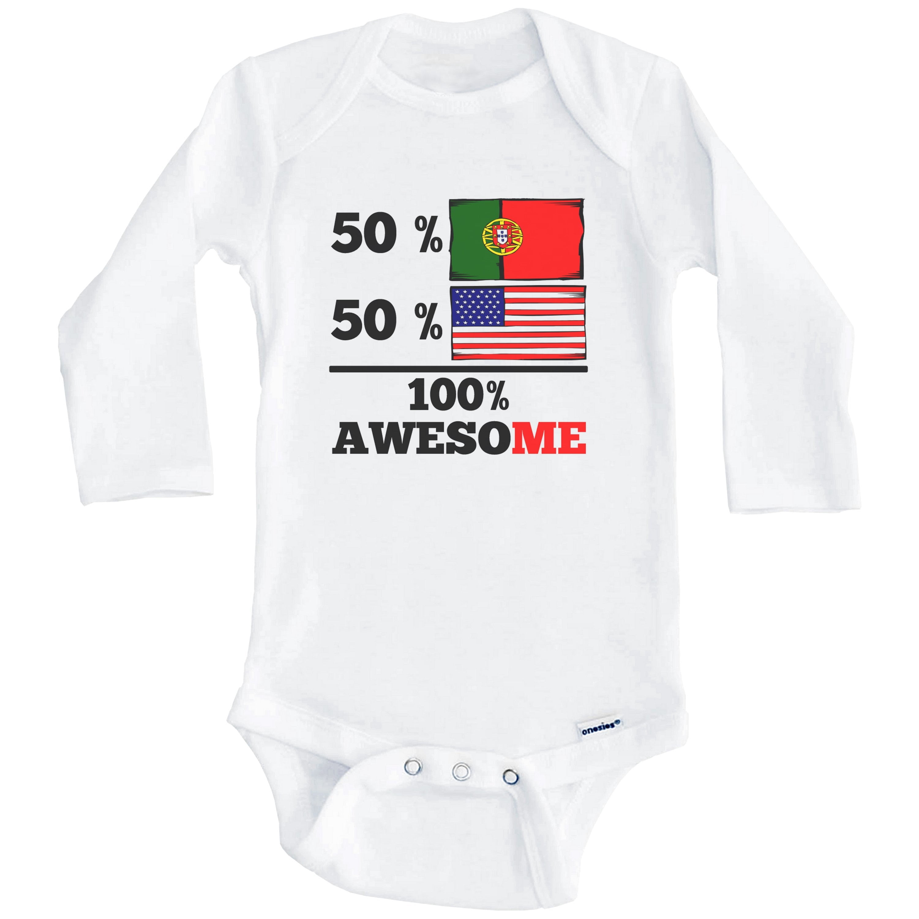 50% Portuguese 50% American 100% Awesome Funny Portugal Flag One Piece Baby Bodysuit (Long Sleeve), 3-6 Months White