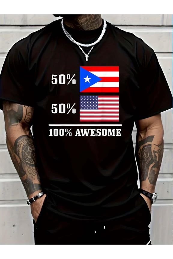 50% Puerto Rico 50% USA Puerto Rican American Flag Pride T-Shirt Soft Cotton Lightweight Casual Graphic Tee,Casual Summer Fashion T-shirt