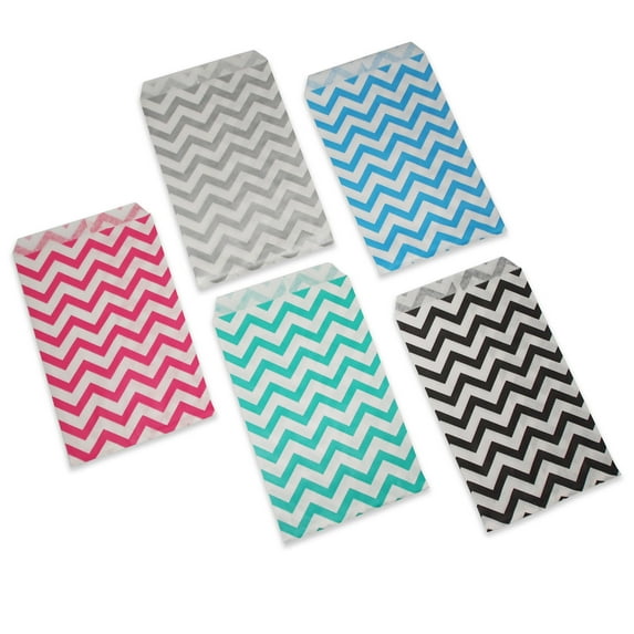 50 Qty 4" x 6" Decorative Flat Paper Gift Bags - Mixed Chevron Color Patterns on White Bags - for Sales/Treats/Parties Cookies/Gifts - N'icePackaging