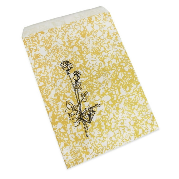 50 Qty 5" x 7" Decorative Flat Paper Gift Bags - Goldtone Static Pattern Bags w/Black Flower - for Sales/Treats/Parties Cookies/Gifts - N'icePackaging