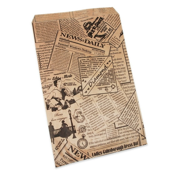 50 Qty 6" x 9" Decorative Flat Paper Gift Bags - Newsprint Pattern on Brown Kraft Bags - for Sales/Treats/Parties Cookies/Gifts - N'icePackaging