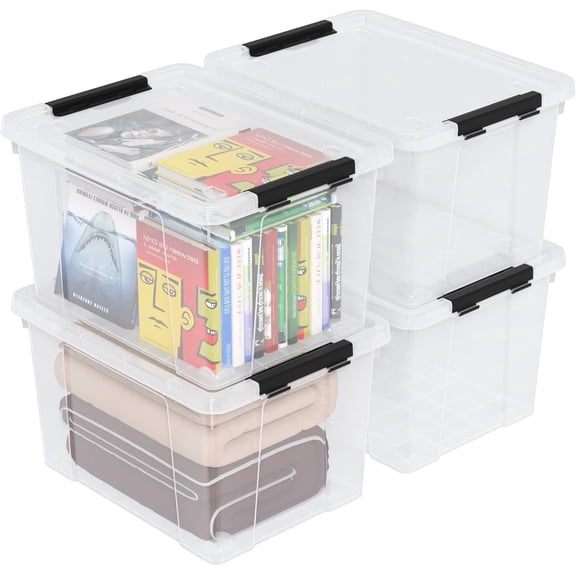 50 Quart Clear Latching Storage Box Bins, 4 Packs, Large Plastic Storage Boxes with Wheels