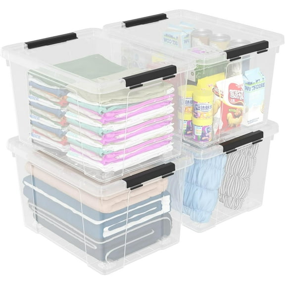 50 Quart Clear Storage Latching Bin with Lid, Large Plastic Storage Box with Wheels, 4 Packs