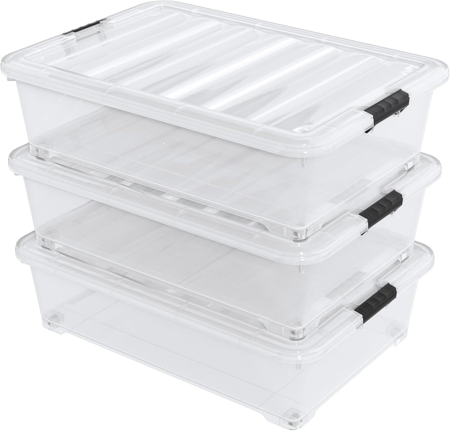 50 Quart Large Clear Plastic Under Bed Storage Bins with Wheels, 3Pack