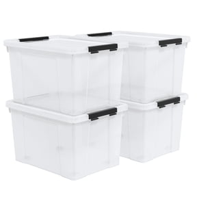 50 Quart Stackable Storage Bins with Latching Lids, 4 Pack Clear Plastic Tote Containers on Wheels, Heavy Duty Home Garage Organization Boxes, See-Through for Easy Access, Moving Closet Basement