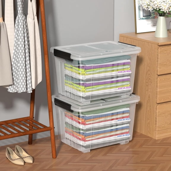 50 Quarts Clear Plastic Latching Storage Bins with Wheels, Set of 4 Large Stackable Containers for Home Organization