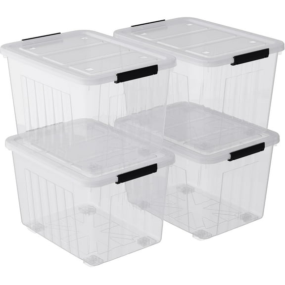 50 Quarts Plastic Storage Bins with Latching Lids, Stackable Boxes with Wheels, 4 Packs Large Storage Container
