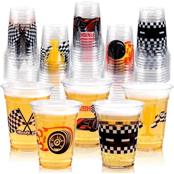 50 Race Car Birthday Party Decorations, 12Oz Checkered Flag Racing Party Disposable Plastic Cups for Boys Fast One Two Birthday Car Party Favors Supplies