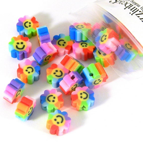 50 Rainbow Colored Polymer Clay Smiley Face 10mm x 4mm Flat Flower Petal Beads with Happy Face