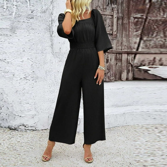 Rciityk Black 3/4 Sleeve Jumpsuits for Women Summer Casual Crew Neck Rompers Trendy Soild Color Straight Elastic Waist Loose Pants Overalls with Pockets