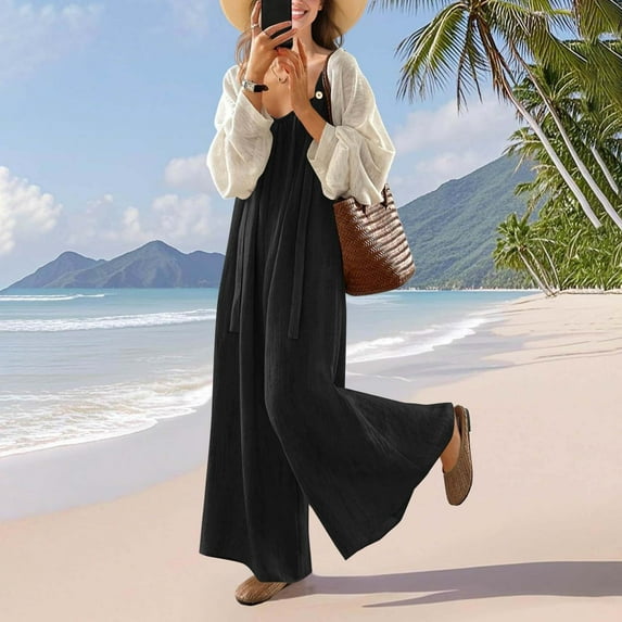Rciityk Black Womens Rompers for Summer Comfy Loose Crew Neck Sleeveless Jumpsuit Casual Solid Color Wide Leg Long Pant Overalls with Pockets