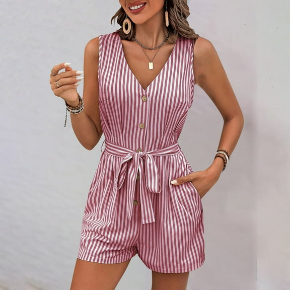 Rciityk Red Womens Romper Shorts Summer V Neck Button Tank Jumpsuits Dress Solid Stripe Casual Sleeveless Short Pants with Ties Overalls Jumpsuit with Pockets