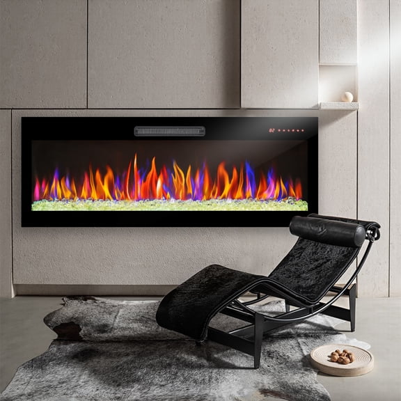 50'' Recessed and Wall Mounted Electric Fireplace, 1400W Low Noise Linear Heater, with 16 Multicolor Flame and 5 Flame Brightness, Touch Screen Remote Control,1-9h Timer, Black