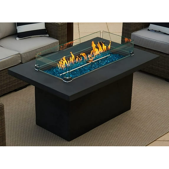 50" Rectangular Concrete Smokeless Fire Pit for Patio, Table W/ Glass Guard and Crystals in Gray (50" Rectangular Gray, Caribbean Blue)