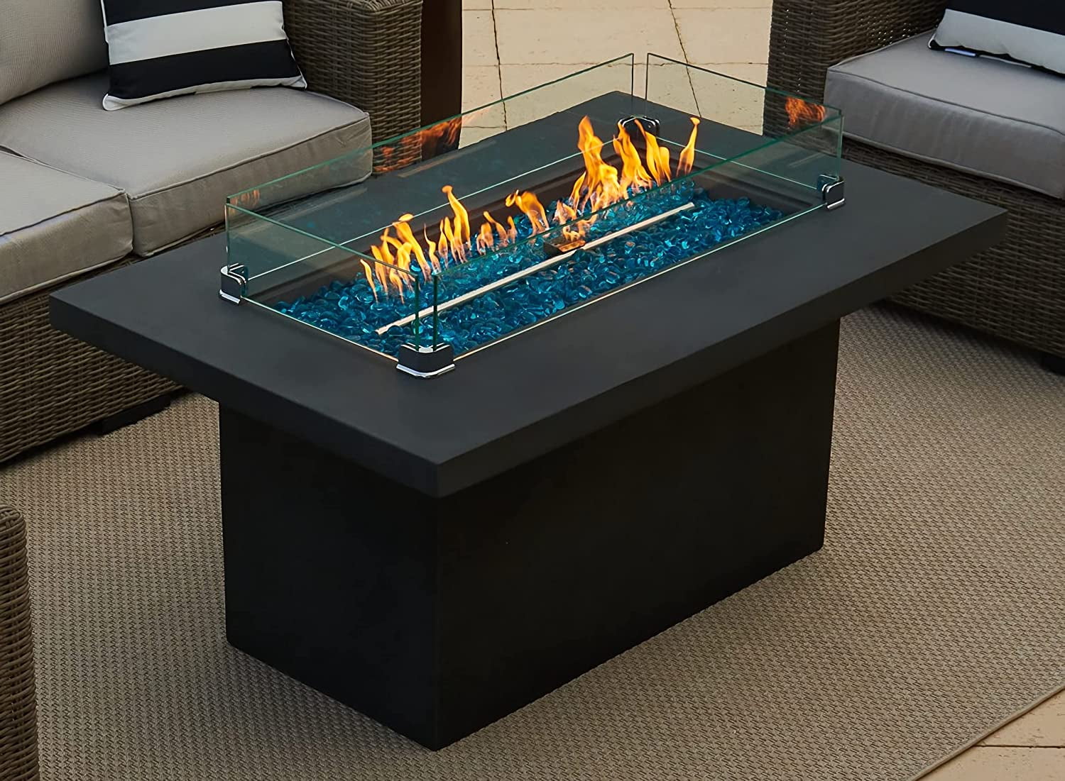 50" Rectangular Concrete Smokeless Fire Pit for Patio, Table W/ Glass Guard and Crystals in Gray (50" Rectangular Gray, Clear Crystals)