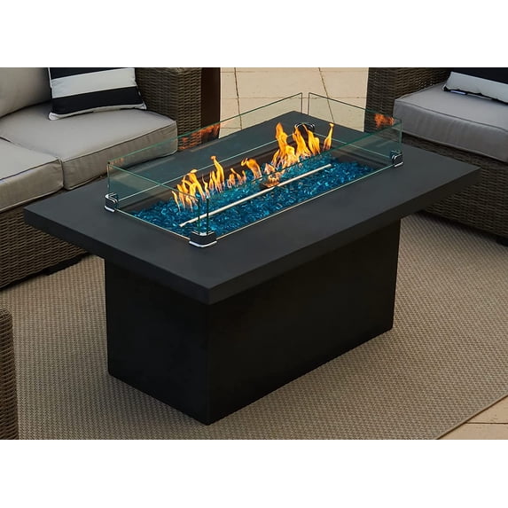 50" Rectangular Concrete Smokeless Fire Pit for Patio, Table W/ Glass Guard and Crystals in Gray (50" Rectangular Gray, Onyx Black)