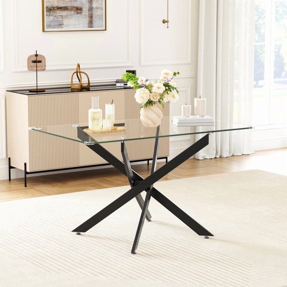50" Rectangular Glass Dining Table, Tempered Glass Kitchen Table with Stainless Steel Cross Legs for Small Spaces