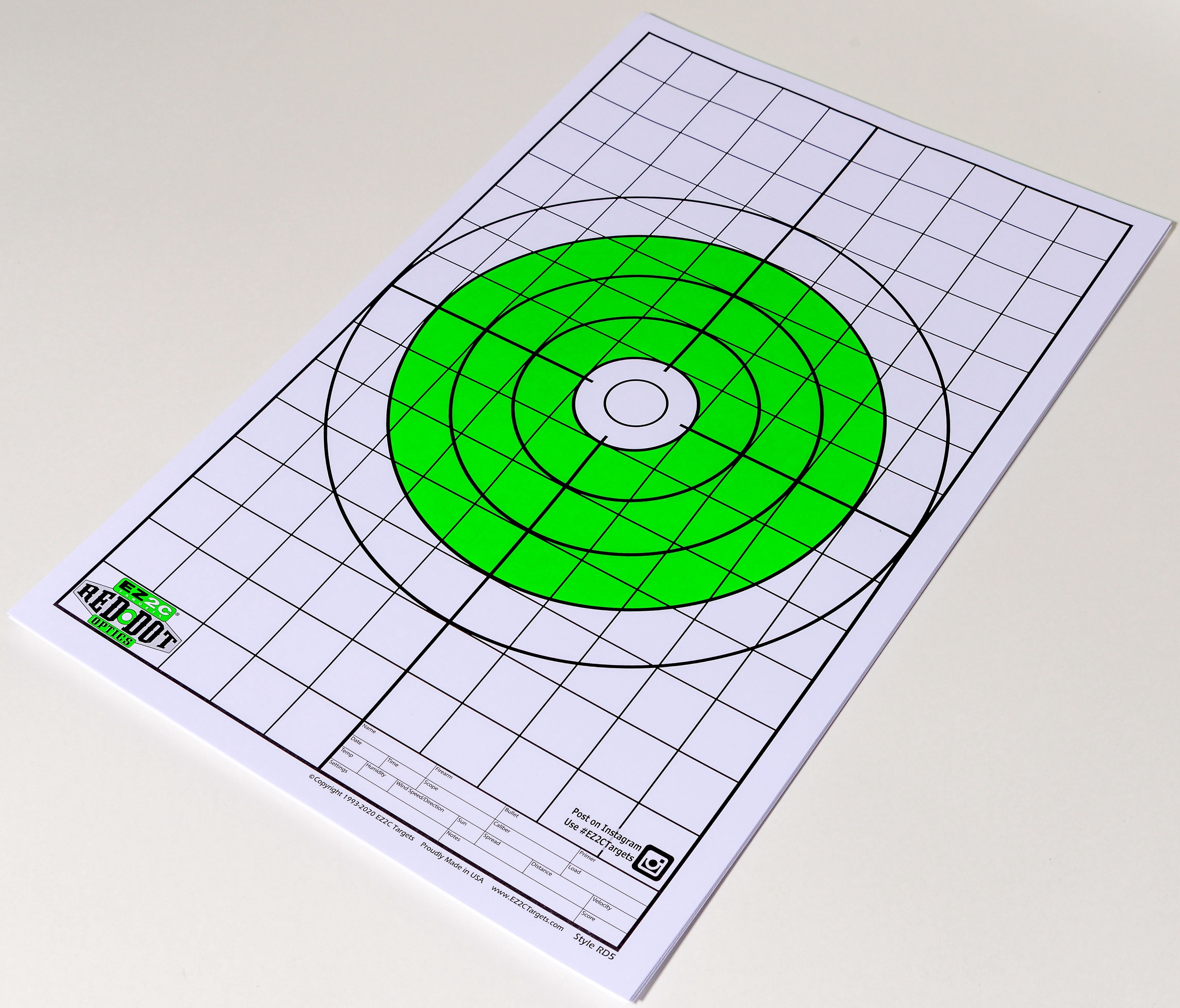 50 EZ2C Red Dot Optics Style 5:  10" Green Shooting Paper Targets 11"x17" (Pack of 50)