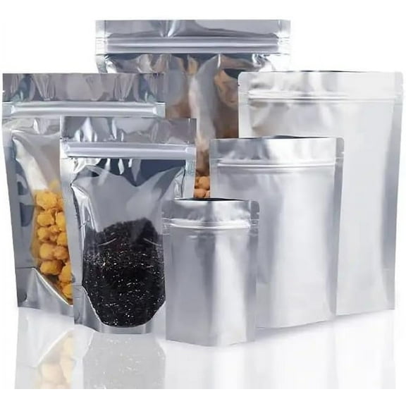 50 Resealable Glossy Stand-Up Barrier Pouches with Clear Front, Silver Back