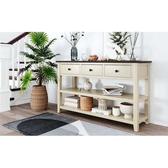50" Retro Console Table with Two Open Shelves for Living Room, Traditional Design Sofa Sidetable with Three Drawers and Bottom Shelf for Entryway Hallway, Buffet Cabinet for Entrance, Restaurant