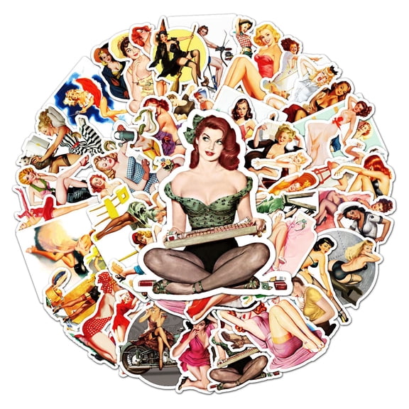 50 Retro Pin-Up Girl Stickers - Waterproof Vintage Decals, Durable Adhesive, Die-Cut Design for Flat Surfaces - for Notebooks, Water Bottles, Scrapbooks, Planners, Laptop Decor, Journaling, DIY Craft
