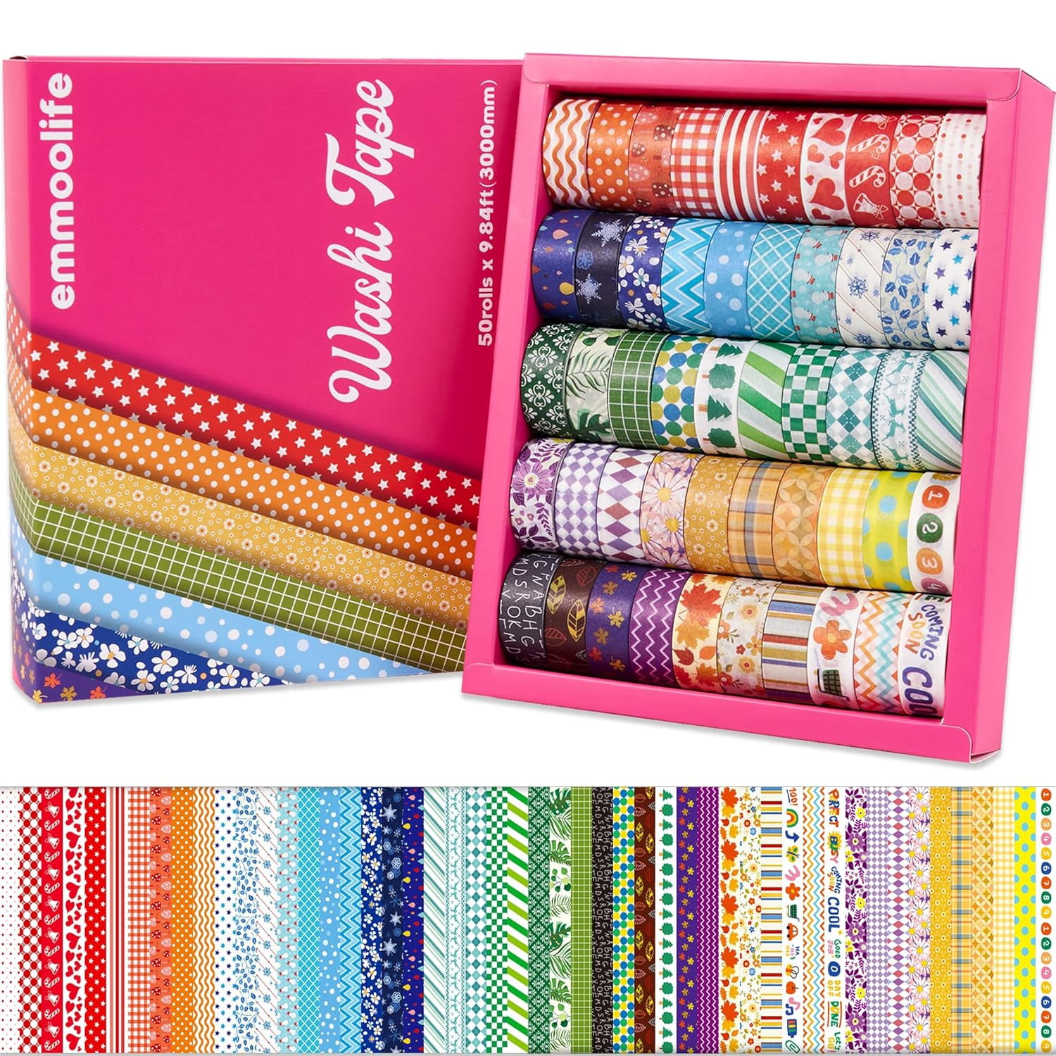 50 Rolls Washi Tape Set, 15mm Wide Rainbow Colored Tape Aesthetic Design Masking Decorative Tape for Scrapbooking Supplies, Bullet Journaling, Junk Journal, Wrapping Planners, DIY Arts Craft