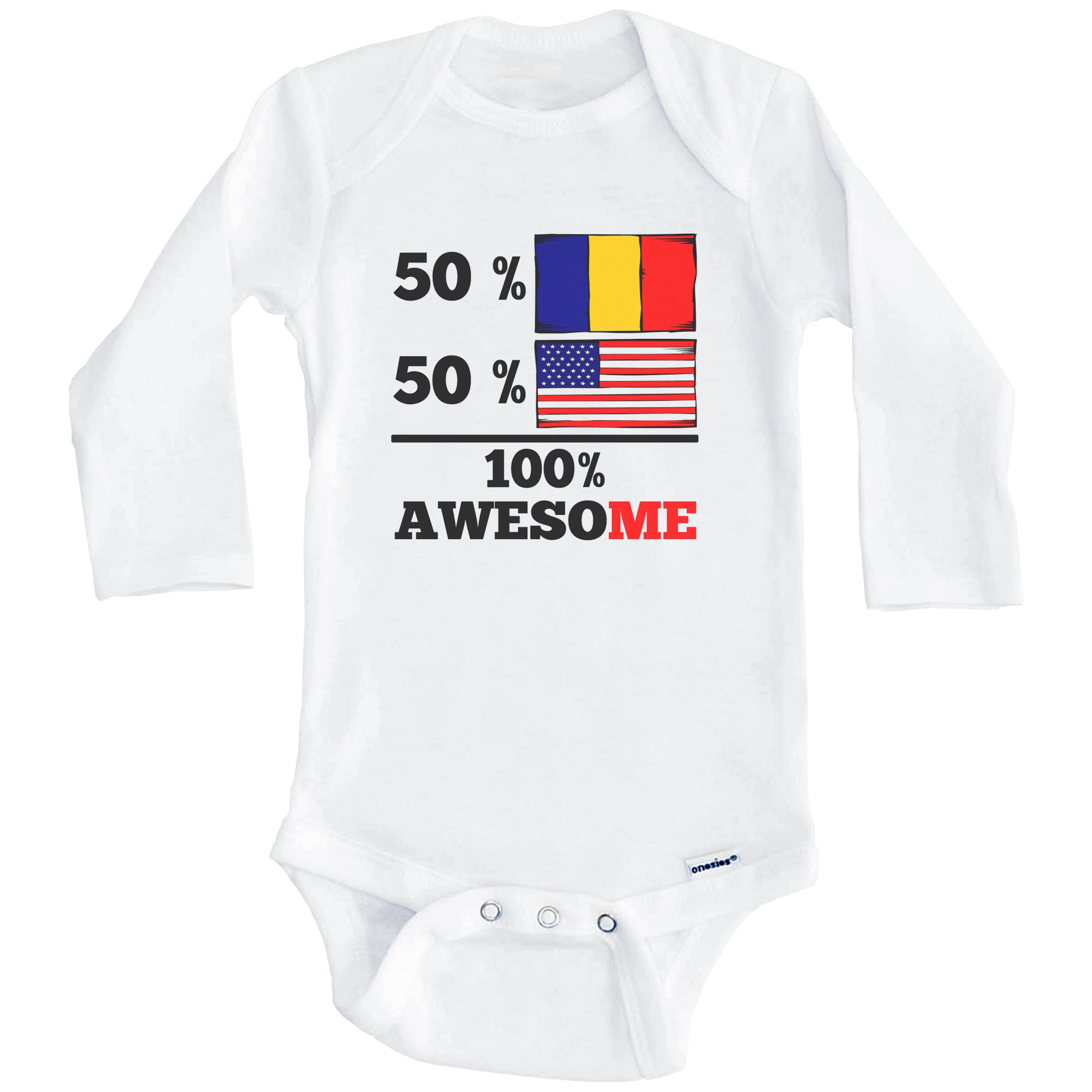 50% Romanian 50% American 100% Awesome Funny Romania Flag One Piece Baby Bodysuit (Long Sleeve), 0-3 Months White