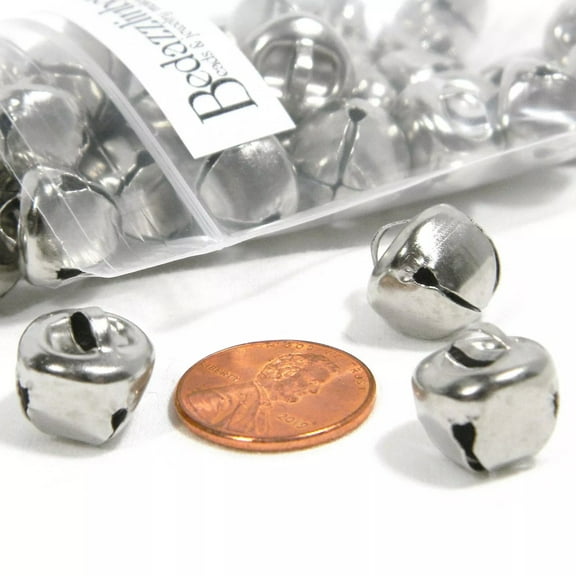 50 Round 12mm 1/2 inch Iron Metal Craft Christmas Jingle Bells With Loop to Use as Dangle Charms or Holiday Decor (Platinum Silver)