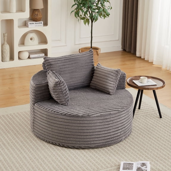 50" Round Chair Lounge Chaise, Oversized Round Lazy Sofa Chair, Fluffy Modern Corduroy Deep Seat Single Upholstered Sleeper Sofas for Living Rom, Bedroom, Lounge, Projection Room, Office, Grey