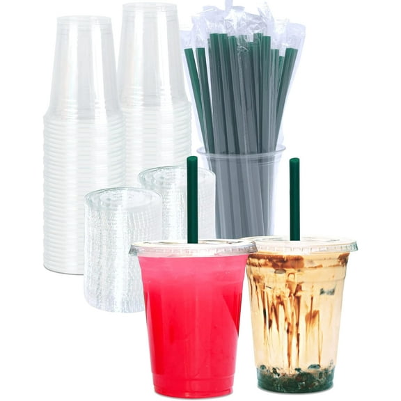 [50 SETS] 16 oz Clear Plastic Cups with Lids and STRAWS, Disposable Drinking Cups for Cold Drinks, Iced Coffee, Milkshakes, Smoothies