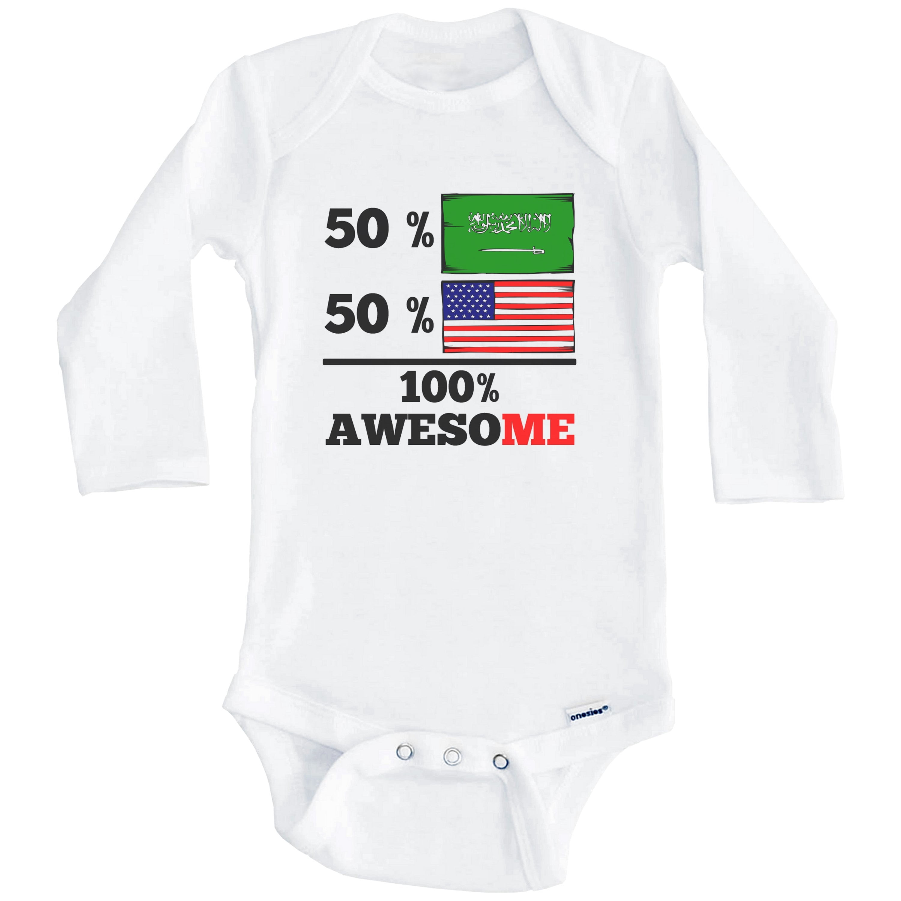 50% Saudi Arabian 50% American 100% Awesome Funny Saudi Arabia Flag One Piece Baby Bodysuit (Long Sleeve), 0-3 Months White