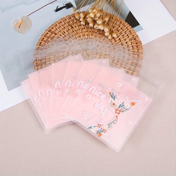 50 Self-Sealing Plastic OPP Bags with Pink Mermaid Tail Design for Creative Crafts and Gift Packaging