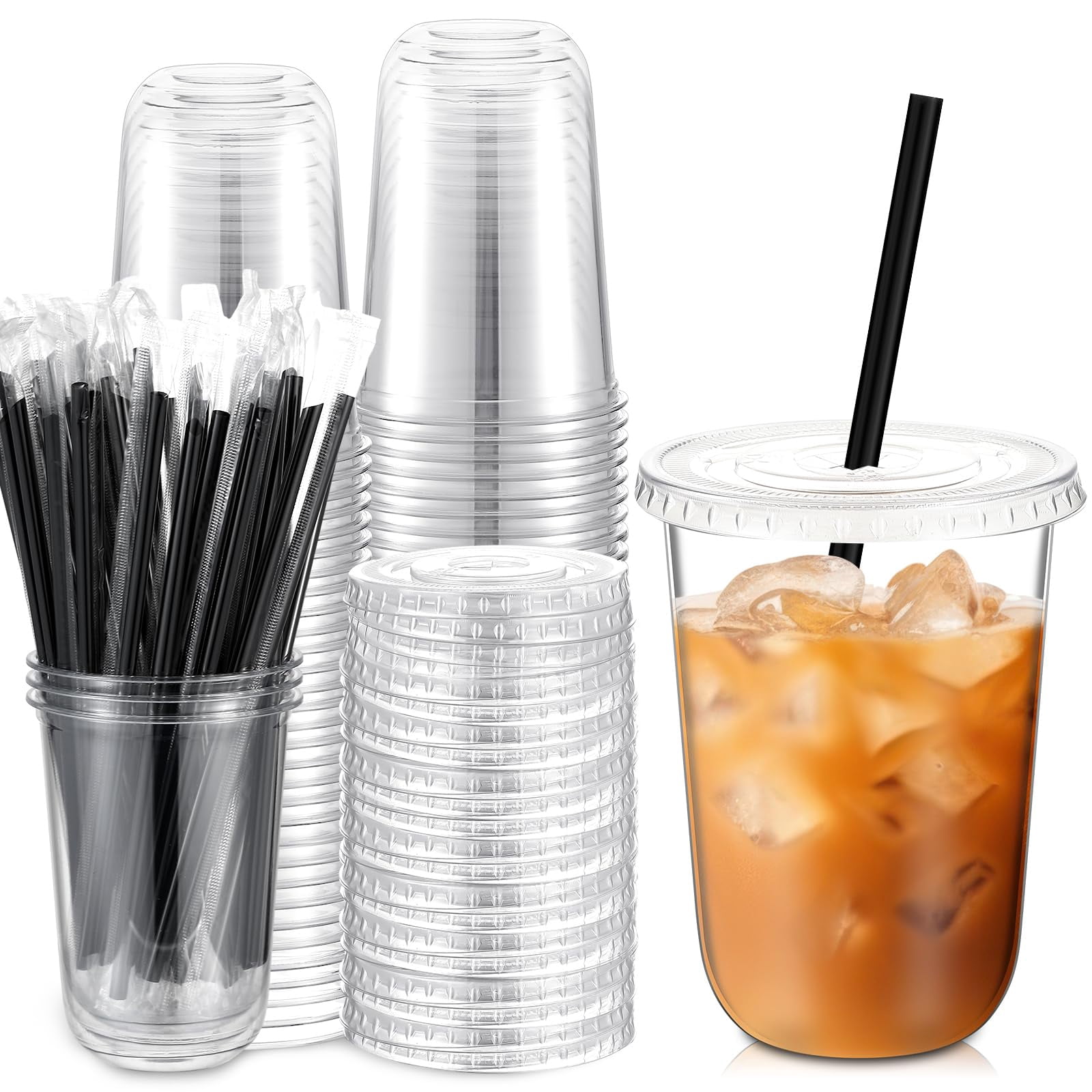 50 Set 16 oz Clear Plastic Cups with Lids and Straws, Disposable Iced ...