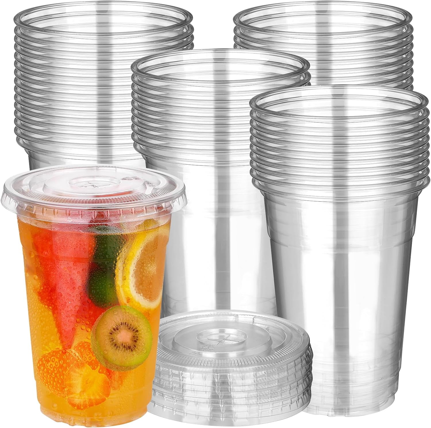 50 Set 16 oz Disposable Plastic Cups with Flat Lids, Clear Cold Drink ...