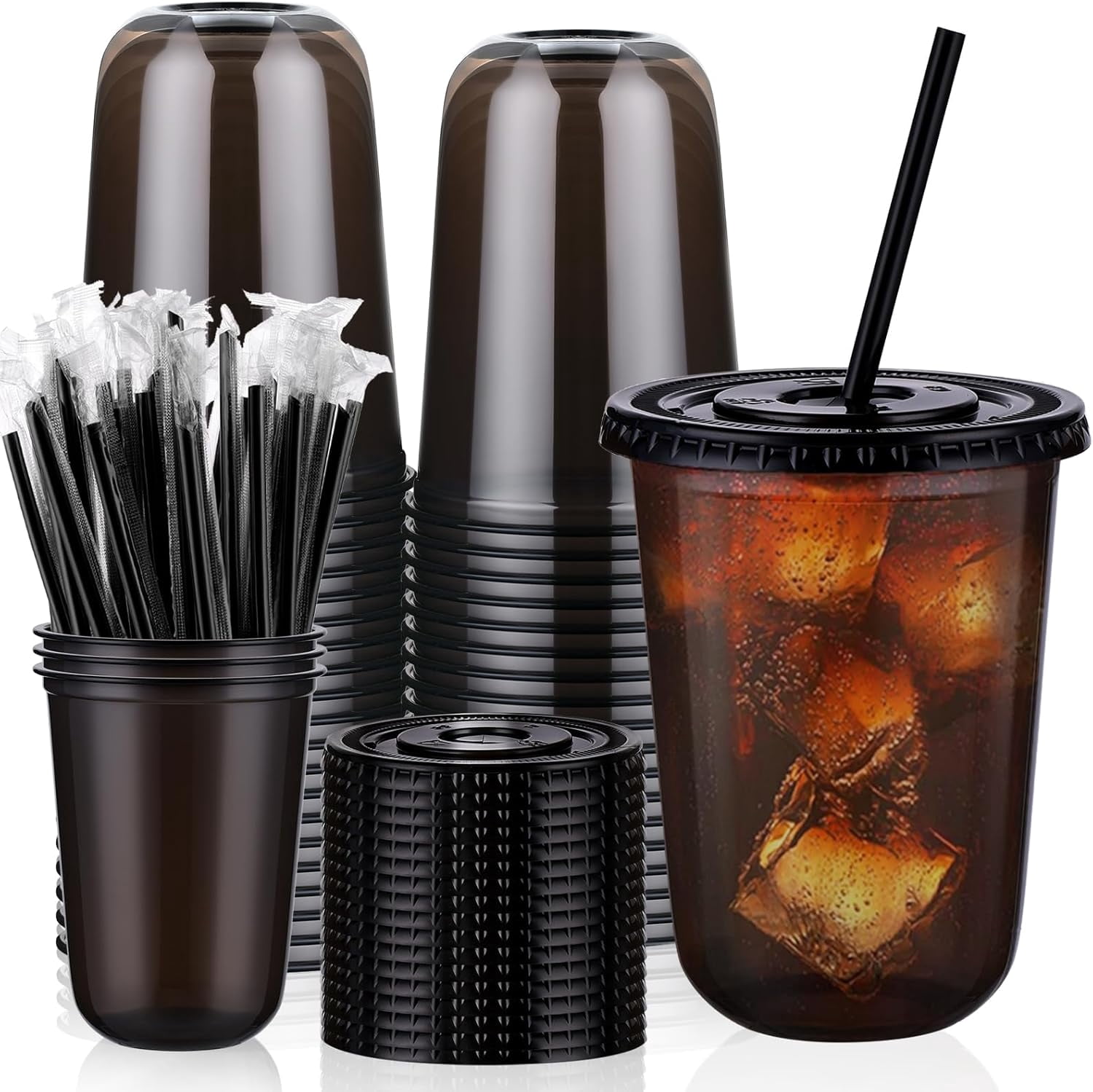 50 Set 16oz Black Plastic Iced Coffee Cups with Lids and Straws ...