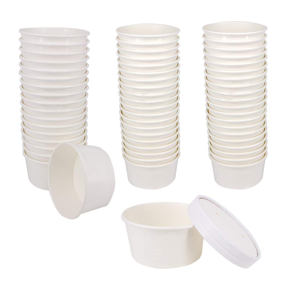 50-Set 6 oz Disposable White Ice Cream Cups with Lids - Ideal for