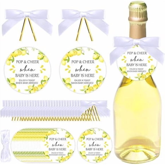 50 Set Baby Shower Bottle Tags with Bows, pop&Cheer When Baby is here Champagne Bottle Favor Label with Bows for Baby Shower Party Decoration Supplies for Both boy and Girl (Lemon)