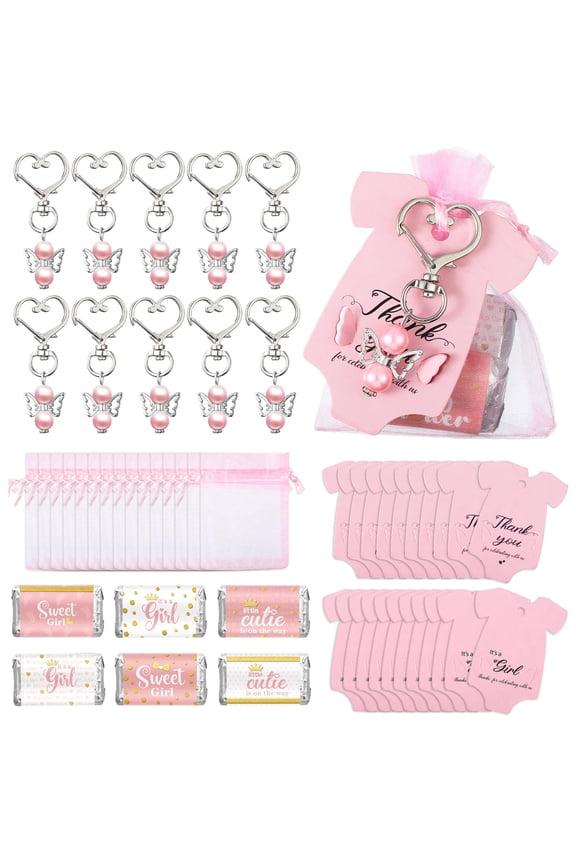 50 Set Baby-Shower Favor Angel Keychain Bulk Thank You Tags Favors Guest Return Baptism Gifts(Pink)