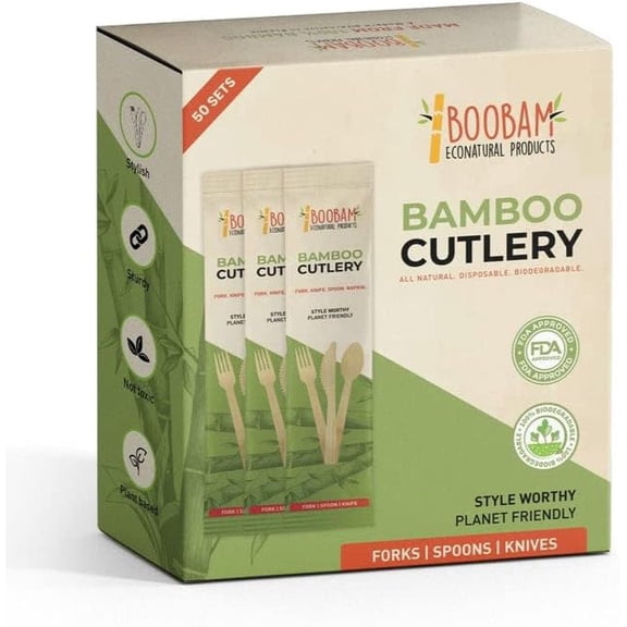 50 Set of Bamboo Cutlery - Individually Wrapped 1 Spoon, 1 Fork, 1 Knife - 100% Compostable Eating Utensils - Disposable Wooden Tableware by BOOBAM ECONATURAL PRODUCTS