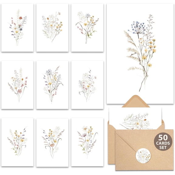 50 Set Blank Cards and Envelopes 3.5x5 - Watercolor Wildflowers Blank Greeting Cards with Adhesive Envelopes and Matching Sticker - Blank Note Cards for All Occasions
