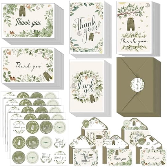 50 Set Boho Neutral Clothes Baby Shower Thank You Cards Bulk 5 Styles Boho Leaves Cloth Greeting Cards with Envelopes Stickers Eucalyptus Thank You Decor for Boy Birthday Party Supply$$Office