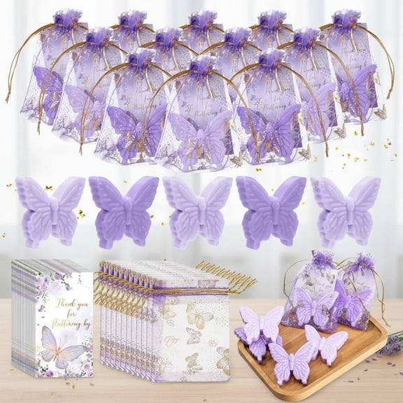 50 Set Butterfly Theme Baby Shower Favors for Guests Butterfly Soap Favors with Thanks You Cards Gender Reveal Baptism Party Valentine's Day Decorations Wedding Souvenirs (Purple,Light Purple)