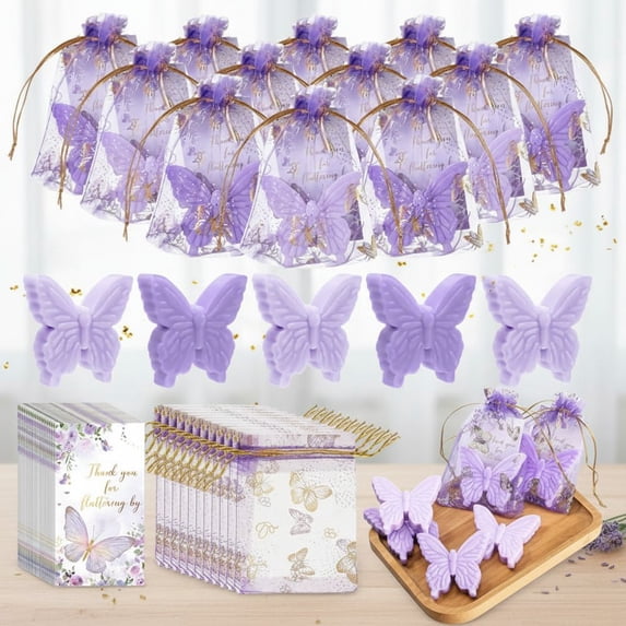 50 Set Butterfly Theme Baby Shower Favors for Guests Butterfly Soap Favors with Thanks You Cards Gender Reveal Baptism Party Valentine's Day Decorations Wedding Souvenirs (Purple,Light Purple)
