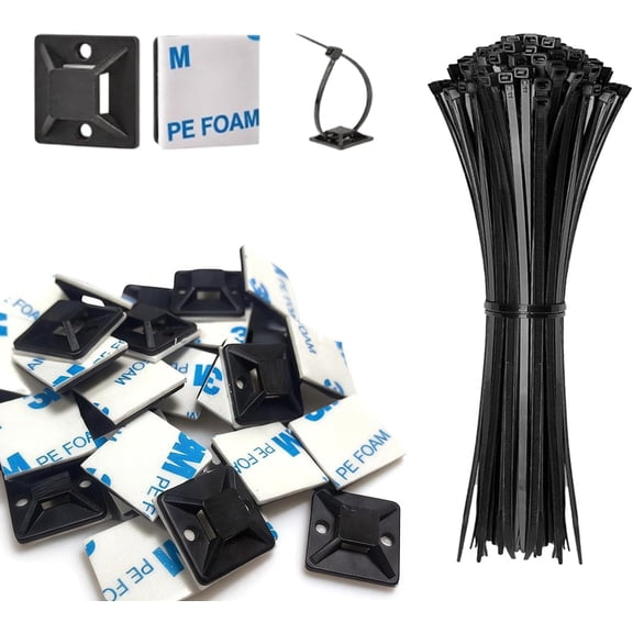 50 Set Cable Zip Tie Self Adhesive Mounts Kit with 6" Ties, 3/4" Wire Holders Squares, Screws - Sticky Fasteners Clips Management Anchors Organizer